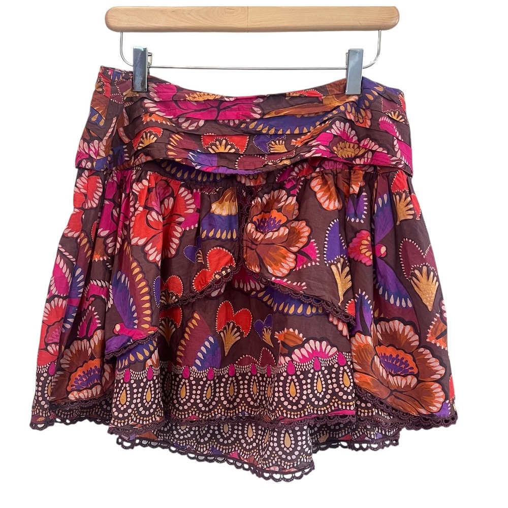 Farm Rio‎ Bright Flora Cotton Mini Skirt Brown Pink Lace Trim Size Medium
